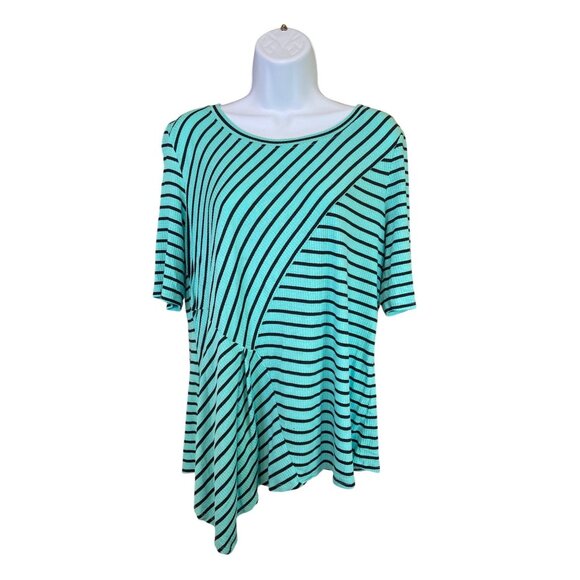Apt 9 Asymmetrical Top PXL Striped Turquoise Black Short Sleeve Lightweight - Picture 1 of 7
